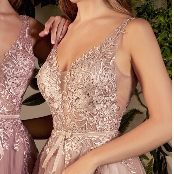 NEW LONG SLEEVELESS EMBROIDERED A-LINE TULLE DRESS WITH ZIPPER BACK AL A1045C - Picture 4 of 9